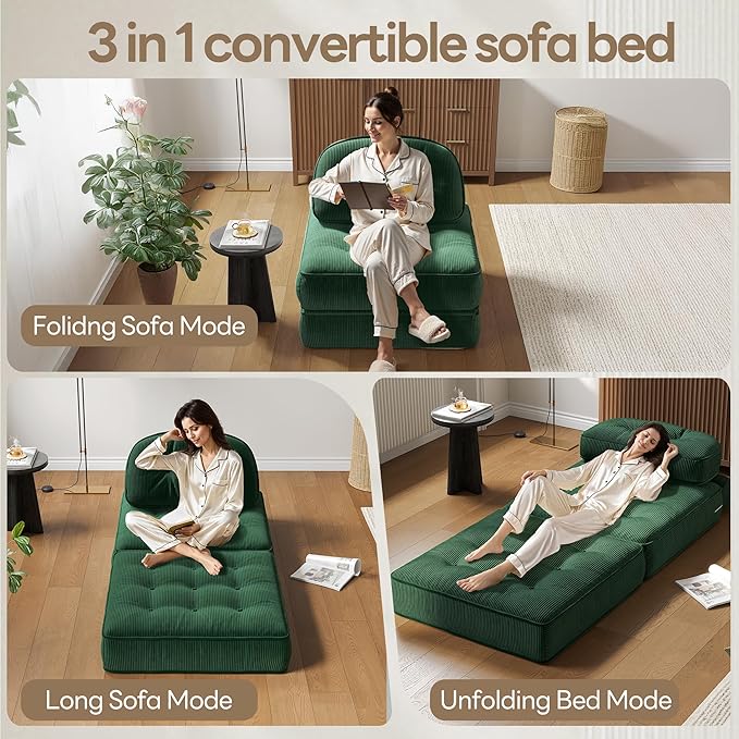 Dowinx Folding Sofa Bed with Pillow Convertible Comfy Couch Bed for Adults Home Lounge and Gaming Modern Comfortable Design for Apartment Living Room Bedroom Single Ribbed Velvet Green