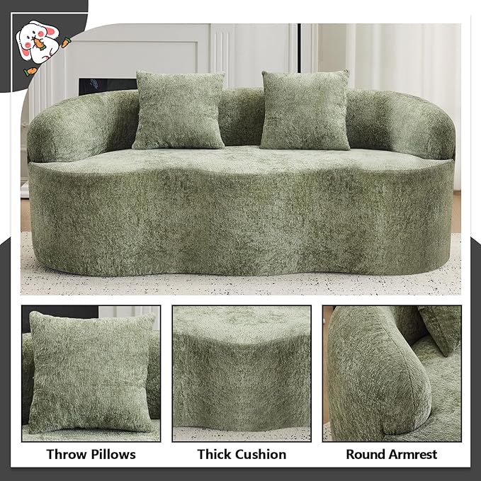 67 Curved Loveseat Sofa with 2 Pillows Boneless Curved Couch with Round Armrest Cloud Sofa for Living Room Bedroom Small Spaces Teddy Modern Compressed No Assembly (Antique Green)