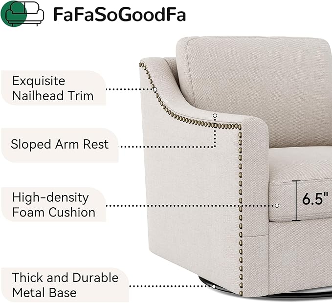 Swivel Accent Chair Modern Comfy Linen Upholstered Barrel Armchair with Nailhead Decor and Metal Base Soft Oversized Round Swivel Chair for Living Room Bedroom Club (1 Beige)