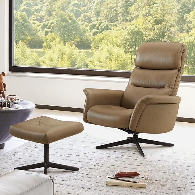 CHITA Genuine Leather Self-Weight Reclining Swivel Chair with Adjustable Headrest and Ottoman for Living Room Office Mocha
