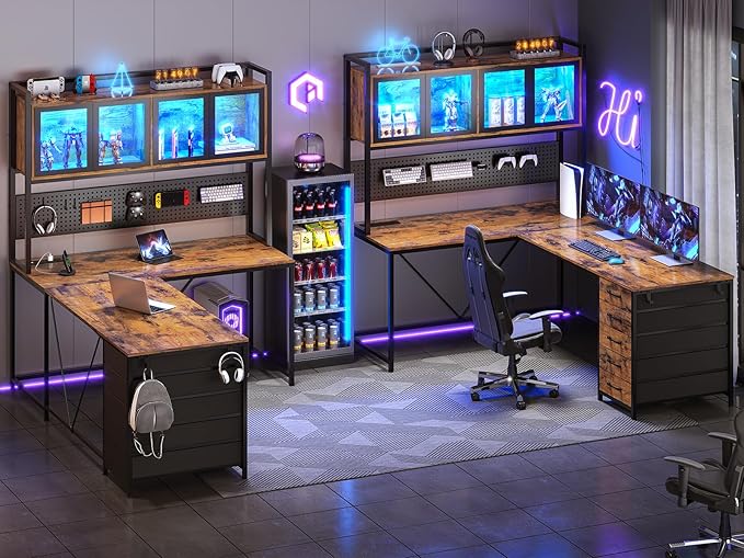 SEDETA L Shaped Gaming Desk with Drawers L Shaped Computer Desk with Hutch and Storage Shelves Gaming Desk with Pegboard Led Lights and Power Outlet Home Office Desk Corner Desk Rustic Brown