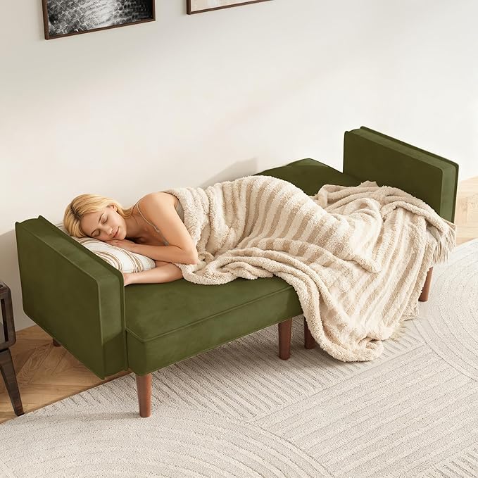 71 Velvet Futon Sofa Bed Versatile Loveseat Couch Sleeper Sofa with Adjustable Backrest Mid Century Modern Futon Couch for Small Space Living Room Office &amp Apartment Velvet Fabric Green