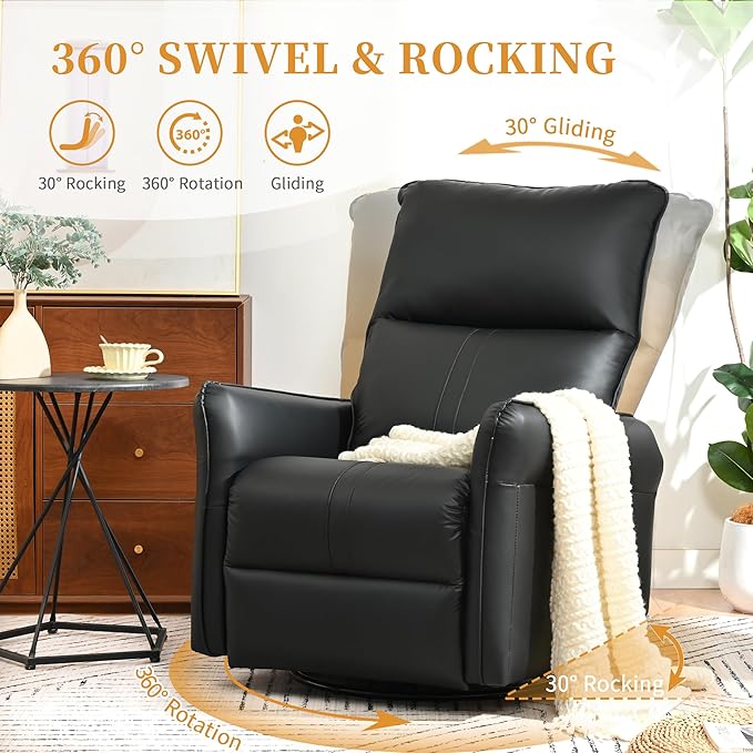 Swivel Rocker Recliner Chair Upholstered 360° Fabric Leather Glider Rocker Chair for Nursery Manual Small Recliners for Small Spaces Living Room Weight Capacity 300lbs