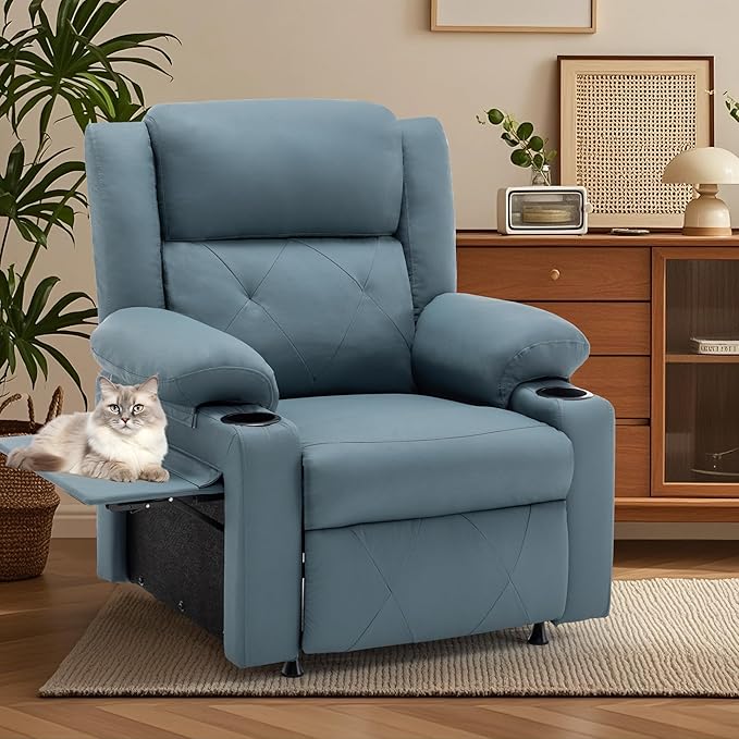Aklaus Recliner Chair with Foldable Side Table Massage and Heat Reclining Chair Home Theater Seating Reclining Sofa with Side Pockets Cup Holders for Living Room BedroomBlue