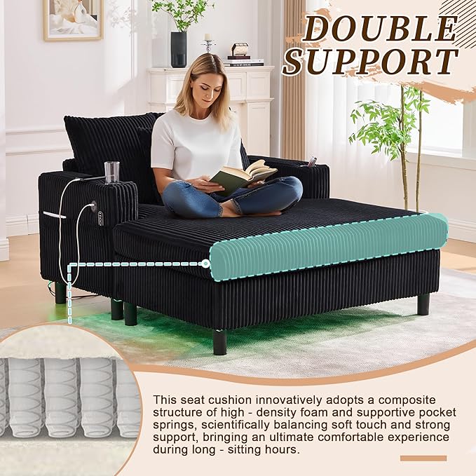 KEIKI 50 W Corduroy Oversized Recliner Single Sofa Couch with Deep Seat3 PillowsUSB ChargingCup Holder and Side Pocket
