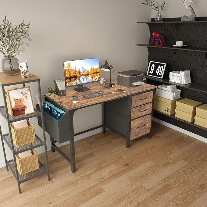 Lufeiya Computer Desk with File Drawers Cabinet 47 Inch Reversible Home Office Desks with Fabric Filing Cabinet for Small Space Study Writing Table PC Desks Rustic Brown