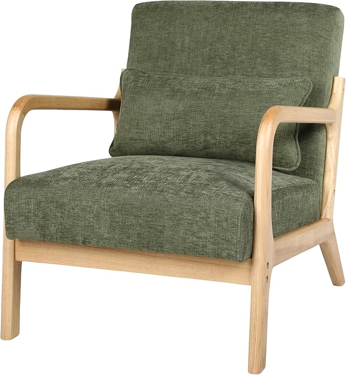 Mid Century Modern Accent Chair with Solid Wood Frame Comfy Reading Lounge Chair with Detachable Lumbar Pillow for Living Room Bedroom Office Vintage Small Wooden Armchair for Waiting Room (Green)