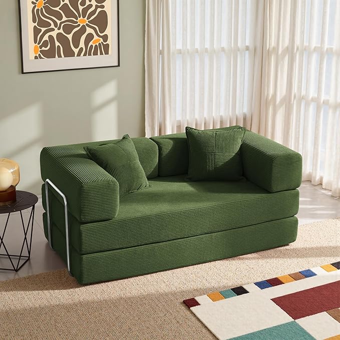 YINIX Foldable Sofa Bed 62'' Folding Floor Couch Compressed Convertable Sleeper Sofa Memory Foam Couch with Pillow Back Support Armrest 4-in-1 Futon Sofa Bed for Living Room Green