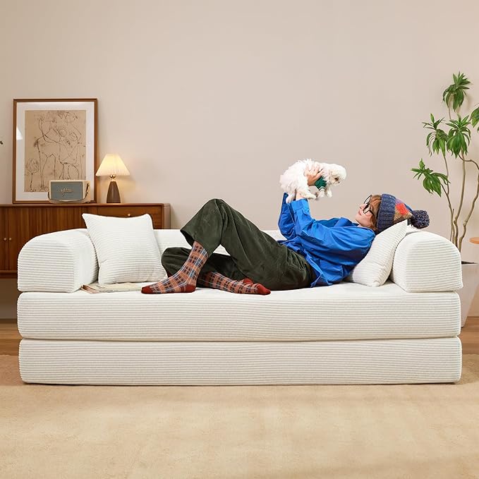 79 Convertible Sofa Bed Boneless Corduroy Sleeper Foldable Modular Couch Memory Foam Compressed Sofa in A Box Folding Mattress Floor Couch for Small Space Living Room Apartment Bedroom White