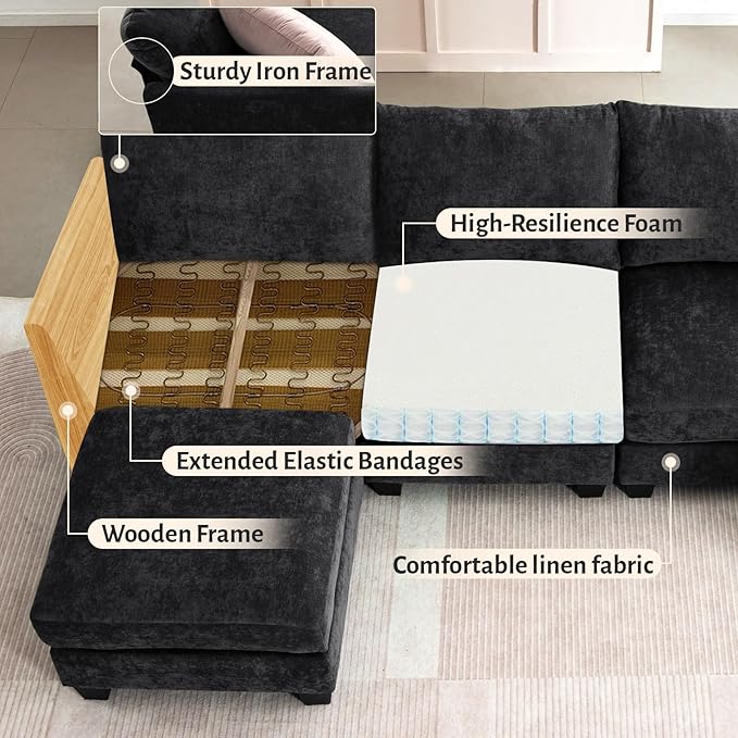 136.4 Modular Sectional Sofa U-Shaped 8 Seater Sectional Sofa with Storage Ottoman Linen L-Shaped Couch Large Cloud Couch with Cup Holders &amp USB for Living Room（Black