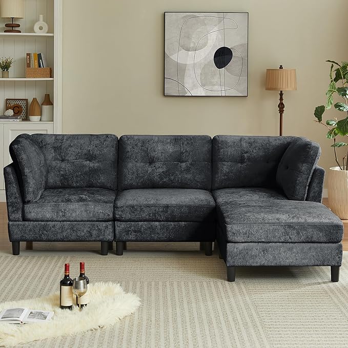 100 Sectional Couches for Living Room Modular Sectional Sofa Couch Modern Linen L Shaped Couch 4 Seater Convertible Sofa for Living Room Apartment Office Dark Grey