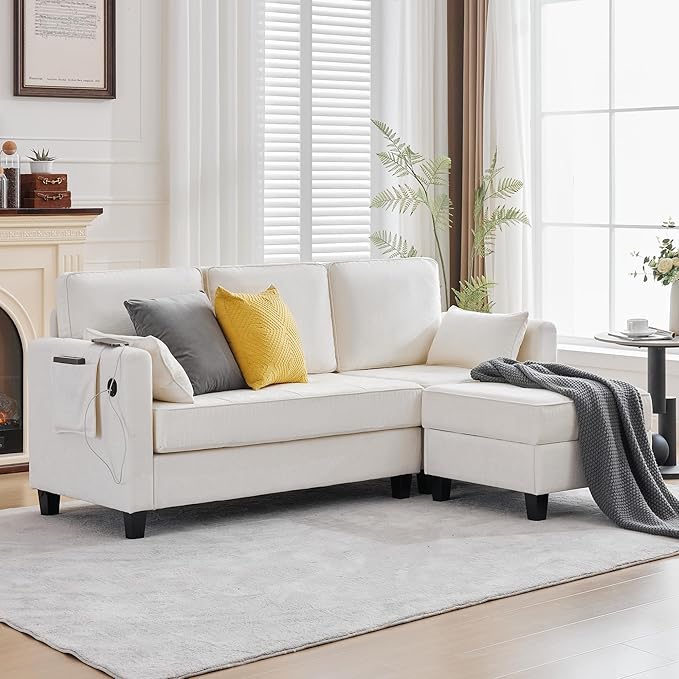 Small Sectional Couches with Storage 80 L Shaped Sectional Couch with Chaise &amp Ottoman Modular Corduroy Chenille Sofa with USB Ports&ampPocket for Living Room Apartment Office (Chenille White)