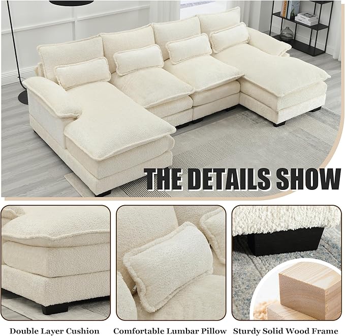 110'' U-Shaped Sectional Couch Modern Chenille Extra Large Modular Sofa with 4 Cushions Memory Foam Funiture Set with Double Lounger for Living Room Office Reception Room Beige