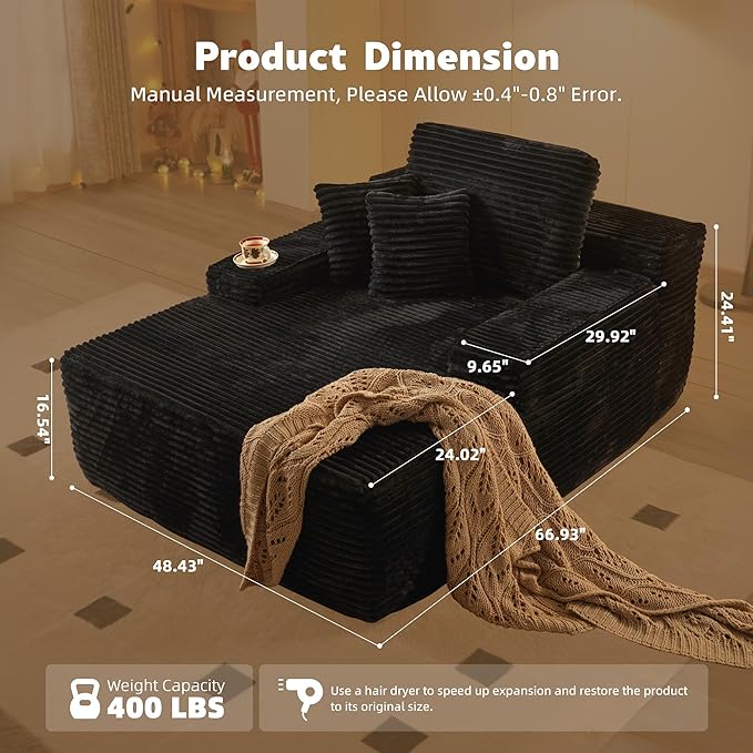 67x48 Oversized Chaise Lounge Chair Indoor Upholstered Sofa Bed with Plush Faux Fur Sleeper Couch Reading Chair Fluffy Cloud Sofa for Living Room Plush Black