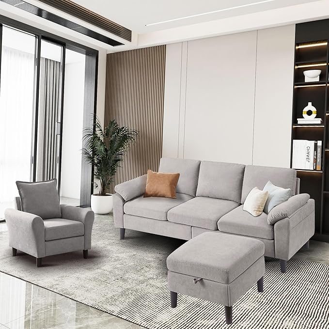 2 Piece Couches Set for Living Room Convertible L Shaped Sofas 3 Seat Couch with Ottoman and Accent Chair Modern Linen Sofa for Small Space (Light Grey)