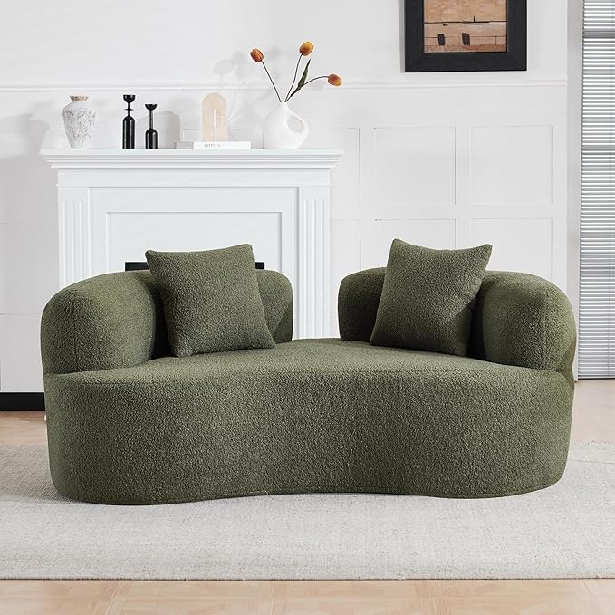 67 Curved Loveseat Sofa with 2 Pillows Boneless Curved Couch with Round Armrest Cloud Sofa for Living Room Bedroom Small Spaces Teddy Modern Compressed No Assembly (Green)