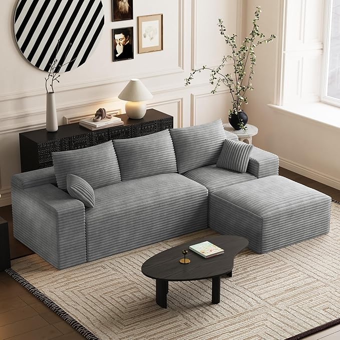 108 Sectional Couches for Living Room Comfy L Shaped Boneless Couches Modern Deep Seat Modular Sofa Cloud Corduroy Couch with Movable Ottoman No Assembly Needed Light Grey