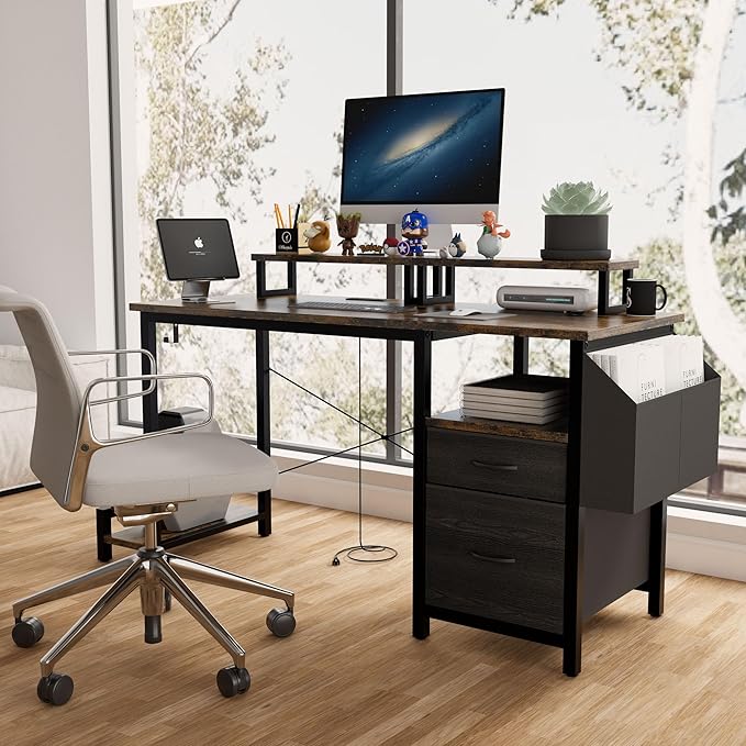 Home Office Desk with Side Pocket and Drawers Modern Computer Desk for Small Space Bedroom 47 Inch Gaming Desk with Power Outlet &amp 2 Movable Monitor Shelves (Rustic Brown)