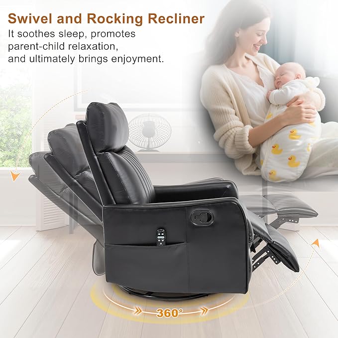 Manual Swivel Rocker Recliner Chair for Adults Overstuffed Recliner Glider with Massage and Heat Living Room Reclining Chair PU Leather Black