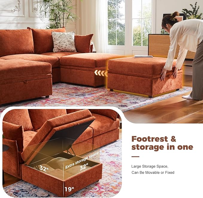 ABCASA L-Shaped 4-Seater Modular Sectional Sofa with Movable Storage Ottoman Comfy Cloud Couch Set in Terracotta Orange Chenille for Living Room