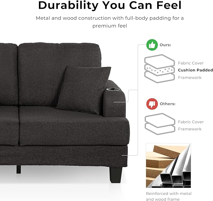Homes: Inside + Out Reese Modern Plush Boucle Couch with Side Pockets Cup Holders and USB Ports Wooden Comfortable Sofa for Living Room Bedroom and Office Beige
