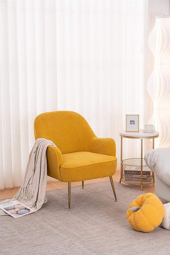 Modern Soft Green Teddy Fabric White Ergonomics Accent Chair Living Room Chair Bedroom Chair Home Chair with Gold Legs and Adjustable Legs Family Room Sofa Armchair Furniture for Indoor Home (Yellow)