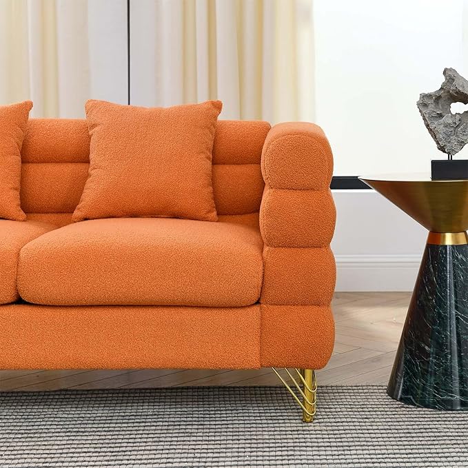Antetek L-Shaped Sectional Couches Modern Teddy Fabric Upholstered Chaise Lounge Sofa Couch with Square Arm and 4 Golden Metal Legs for Living Room Office Orange