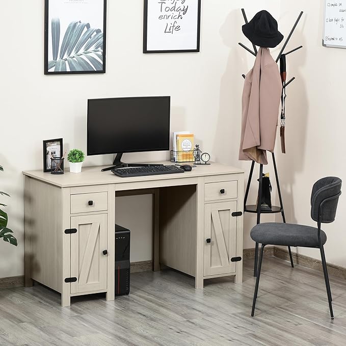 Farmhouse Computer Desk with Storage Home Office Desk with 2 Drawers and 2 Cabinets Cream White