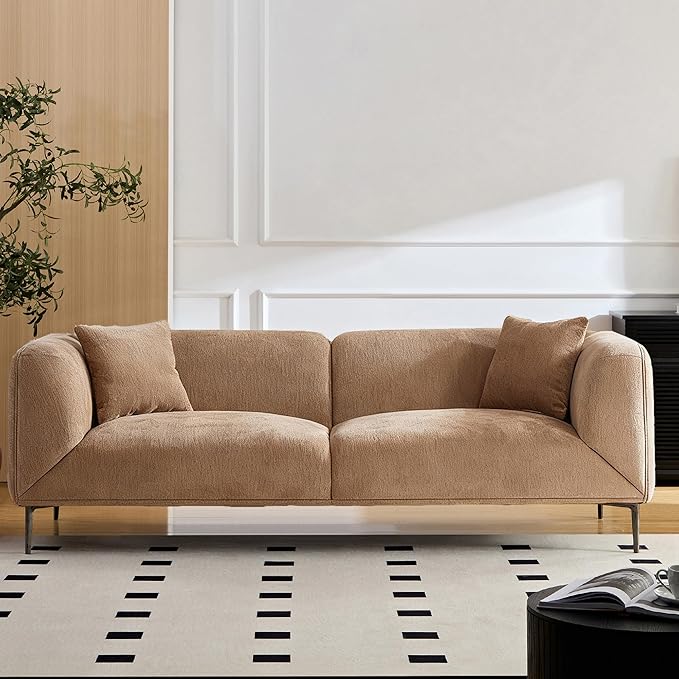 82 Modern Couch Camel Sofa 3 Seater Luxury Boucle Sofas Upholstered Minimalist Sofas with Metal Legs Cloud Deep Seat Curved Couches for Living Room Bedroom Home Office Apartment