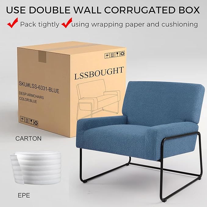 LSSBOUGHT Sherpa Accent Chair Modern Upholstered Single Sofa with Metal Legs Teddy Barrel Arm Chair for Reading Living Room Bedroom Office Blue