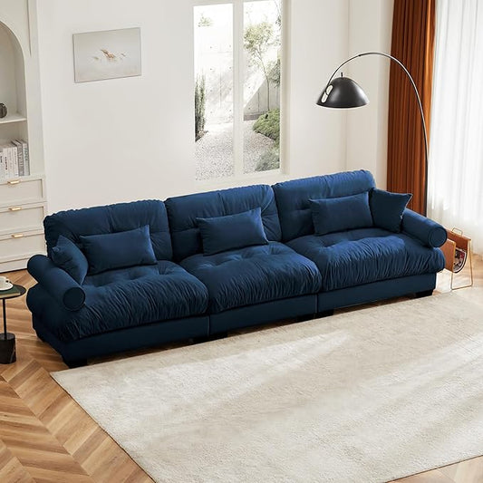 Oversized 3 Seater Modular Sectional Sofa Large Sectional Couch for Living Room Velvet Cloud Couch with 5 Pillows Deep Seat Sofa Blue