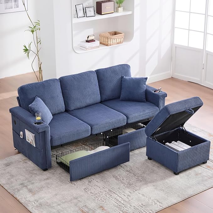 76'' Sectional Sofa Couches for Living Room 3 Seat L-Shaped Couch with Storage &amp Ottoman Corduroy Convertible Sofas with Chaise Apartment with USB Charging Cup Holder (Navy)