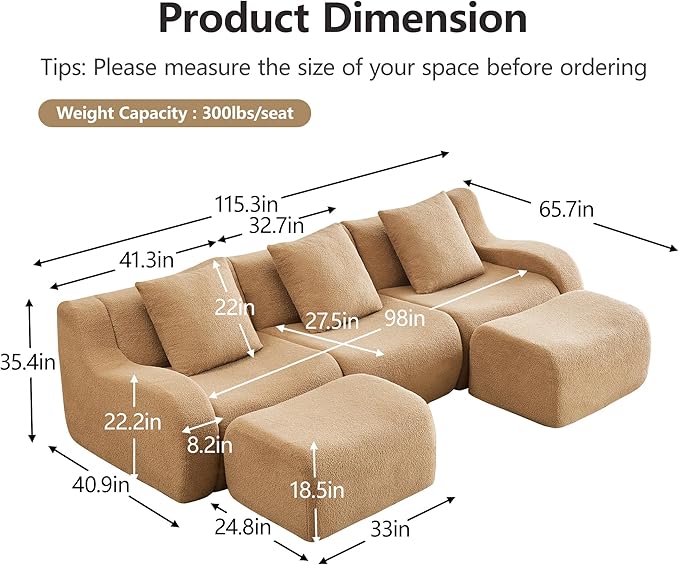 Boneless Cloud Couch Modular Sectional Sofa U Shaped Couch 3 Seater Comfy Teddy Sofa Deep Seat Sectional Couches for Living Room Oversized Floor Couches with Ottoman No Assembly Camel