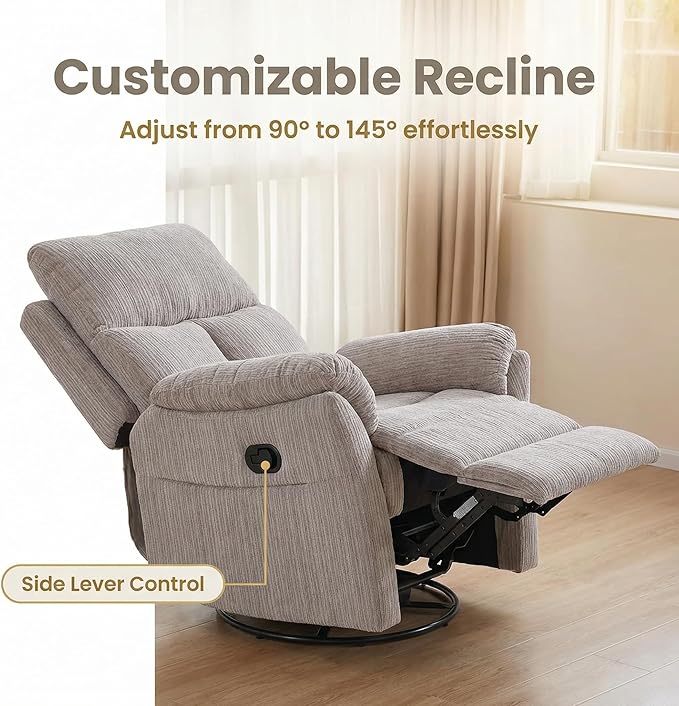Oversized Rocker Recliner Chair Manual Swivel Rocking Recliners with Adjustable Backrest Footrest for Adults 360° Swivel Lazy Boy Recliner Chairs for Living Room Reading Bedroom Beige
