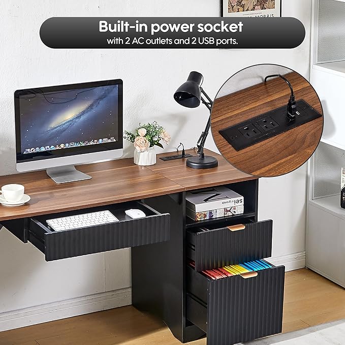 55 Computer Desk with Keyboard Tray Modern Office Desk with Power Outlets 2-in-1 Main Drawer &amp Adjustable File Drawer Fluted Design Home Office Desk (Walnut with Black)
