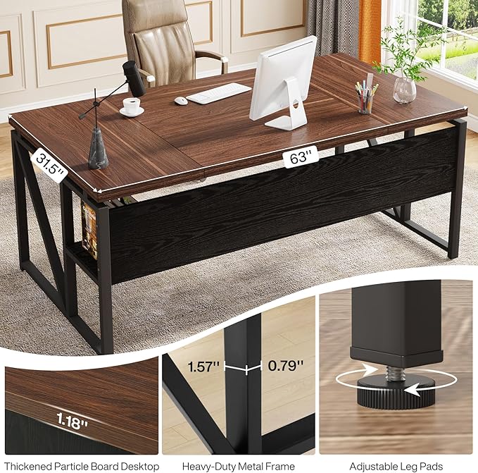 Tribesigns L-Shaped Desk with Drawers 63 Executive Office Desk with Mobile File Cabinet and Storage Shelves Home Office Business Furniture Set (Dark Brown and Black)
