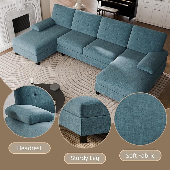 Walsunny Sectional Couches for Living Room Convertible U-Shaped Sofa Couch with Double Chaise 4 Seat Sofa Set Modular Sofa Couch for Apartment New Blue