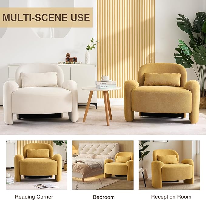 LOULENS Oversized Accent Chair Modern Linen Fabric Lounge Armchair for Living Room Upholstered Comfy Reading Single Sofa Chair for Bedroom Waiting Room Corner Office Yellow