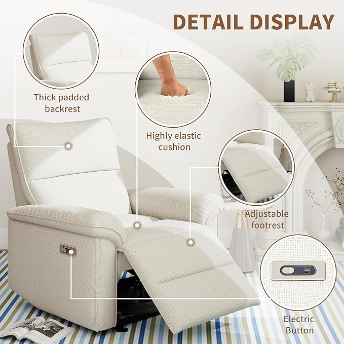 Wall Hugger Recliners for Small Spaces Zero Wall Power Recliner on Clearance Fabric RV Recliner Home Theater Seating for Living Room w/USB Ports (Beige)