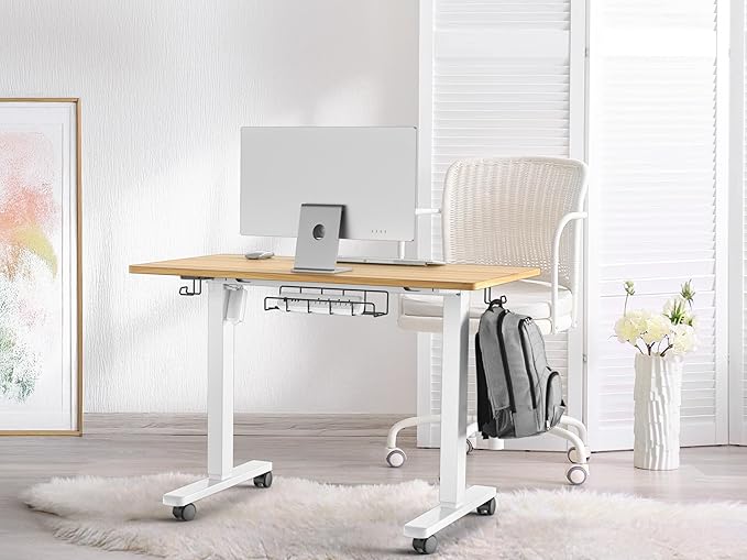 SHW 40-Inch Mobile Electric Height Adjustable Sit to Stand Desk with Drawer Hanging Hooks and Cable Management Oak