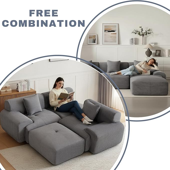 107 Cloud Modular Sectional CouchBoneless Sofa with OttmanL-Shape Upholstered Sofas with Deep SeatModern Cozy Corduroy Couches with Memory FoamNo Assembly Required (Dark Grey)