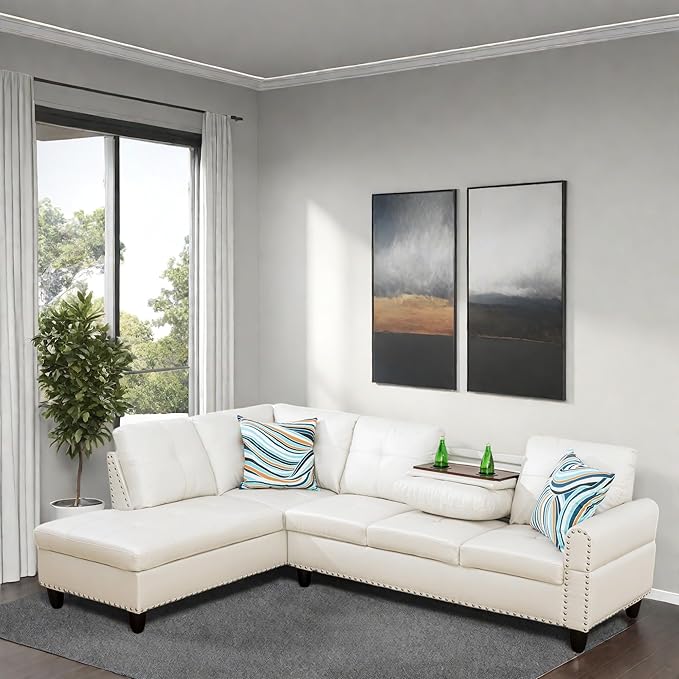 FONTOI Leather Sectional Couch Sofa 4-Seat L-Shaped Sectional Sofa with Cup Holders &amp Nail-Head Trim – Modern PU Leather Living Room Couch for Apartment Bedroom White