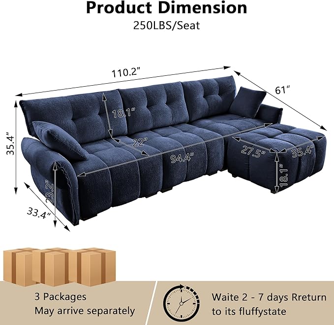 Aoowow Modular Sectional Sofa with Movable Ottoman 110.2” Chenille L Shaped Sofa Couch Upholstered Comfy 3-Seater Couches with Pillows for Living Room Apartment OfficeBlue