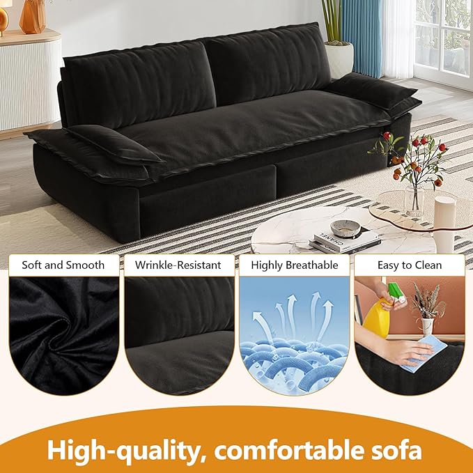 73.2 Queen Size Sofa Bed 3 in 1 Convertible Pull Out Sleeper Sofa with Thicked Cushions and Side Storage Velvet Loveseat Couch for Home Living Room Bedroom Apartment Lounge Small Spaces Black