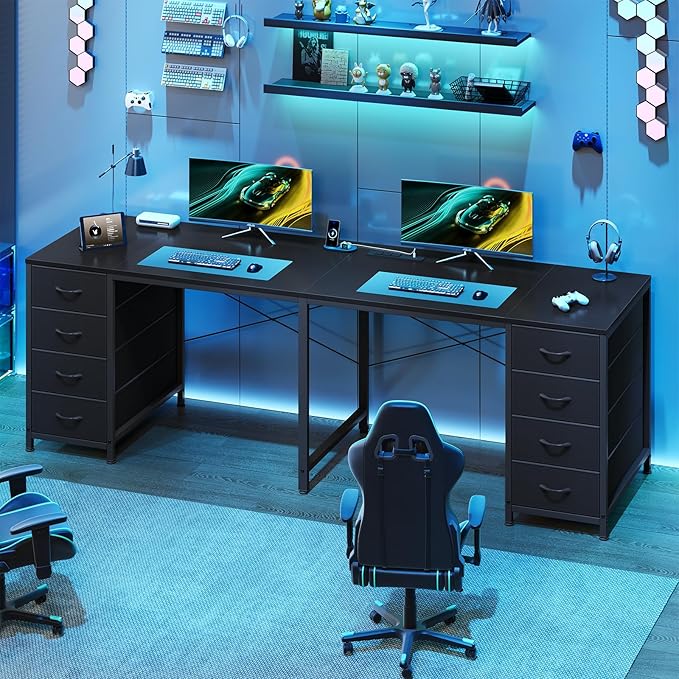 TVU 78 2 Person Desk with 8 Fabric Drawers Long Computer Desk Home Office Desk with Storage Two Person Double Desks with Power Outlets Brown and White
