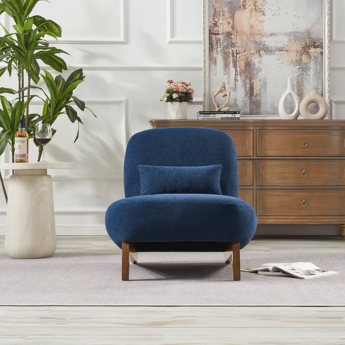 Modern Armless Accent Chair Cozy Comfy Upholstered Cloud Lounge Boucle Chairs with Wood Legs &amp Pillow Comfortable Reading Sofa Chair for Living Room Bedroom Apartment Balcony Blue