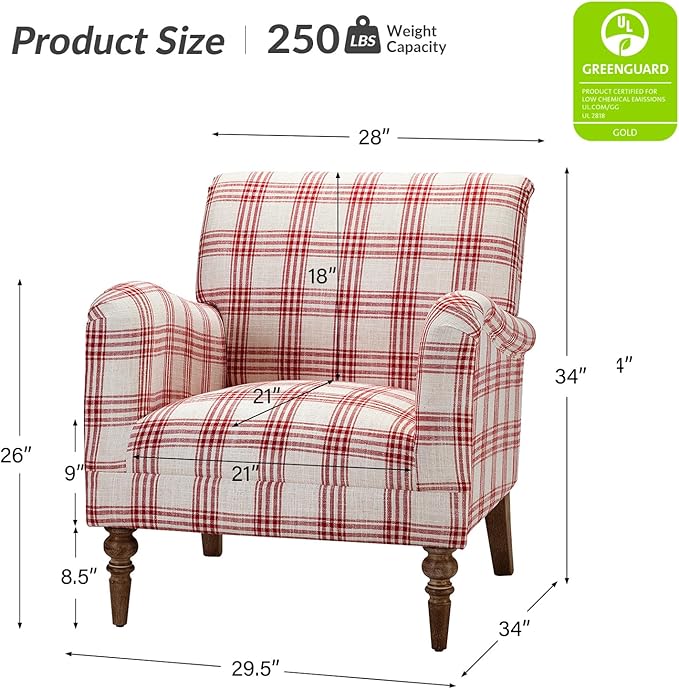 HULALA HOME Modern Accent Chair with Arms and Wooden Legs Comfy Upholstered Armchair for Bedroom Living Room (Plaid Pattern Red)