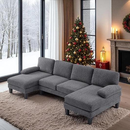 VINGLI 110' U-Shaped Sectional Couch with Two Chaise Affordable Small Sofa with 4 Seats Chenille Fabric Comfy Couches for Living Room Dark Grey