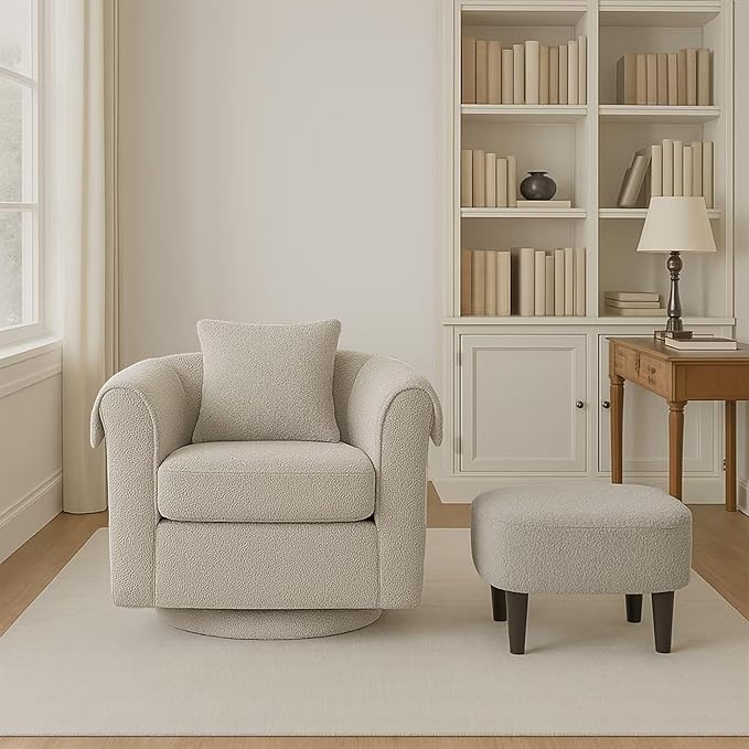 Gray Swivel Accent Chair with Ottoman 360° Barrel Chairs with Foot Stool Comfy Reading Chair with Removable Pillow &amp 2 Armrest Covers for Living Room Small Spaces Bedroom Chenille (Gray)