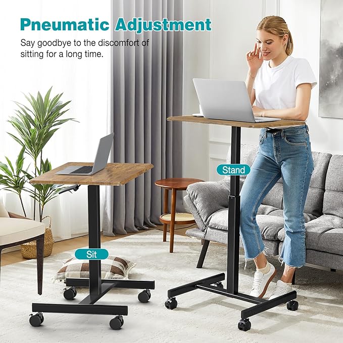 DUMOS Small Standing Desk Mobile Portable Rolling Laptop PC Table on Wheels Adjustable Height Computer Workstation for Home Office 19 Inch Brown